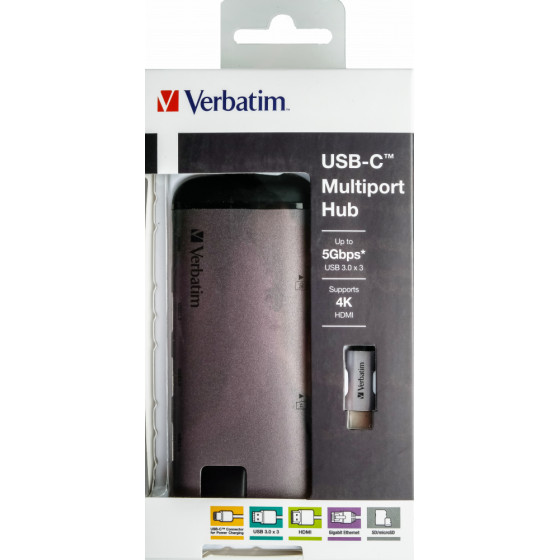 VERBATIM MULTIPORT USB-C 3.1, 3X USB 3.0, HDMI 4K, RJ45, SD/MICRO SD 49142