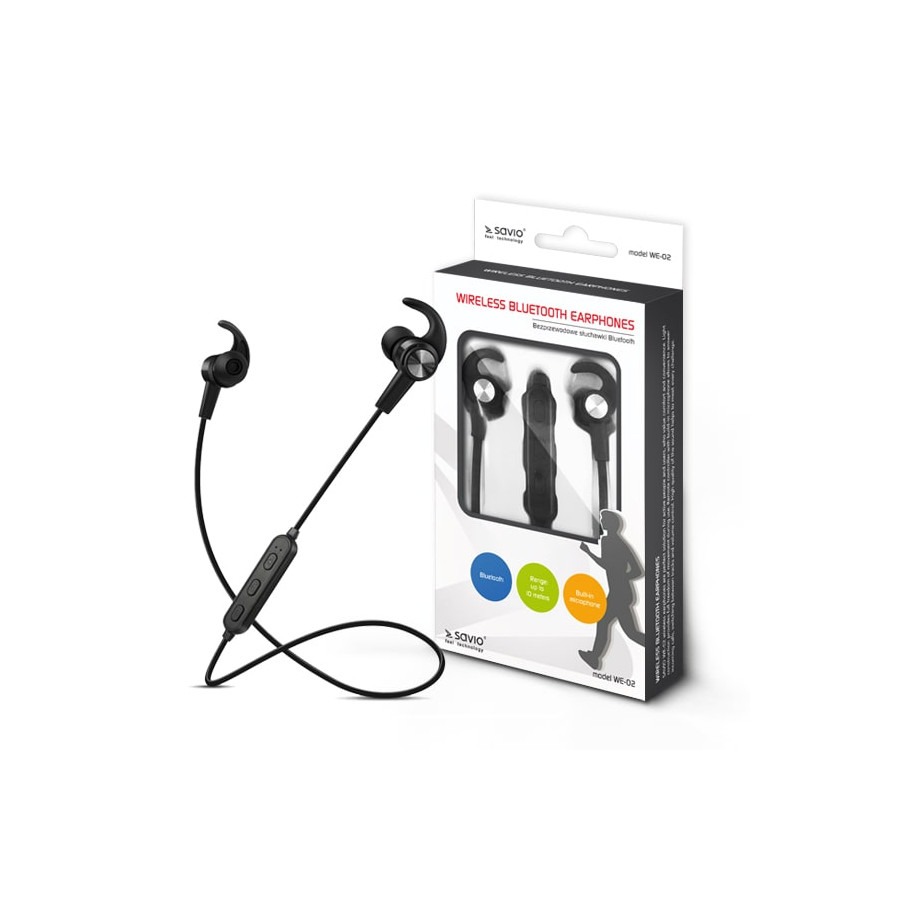 Słuchawki bezprzewodowe, z mikrofonem, ze słuchawkami SAVIO WE-02 (dokanałowe, sportowe  bezprzewodowe, Bluetooth  TAK, z wbudow