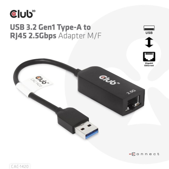 Karta sieciowa Club3D CAC-1420 (USB 3.2 Gen1 Type A to RJ45 2.5Gbps Adapter)