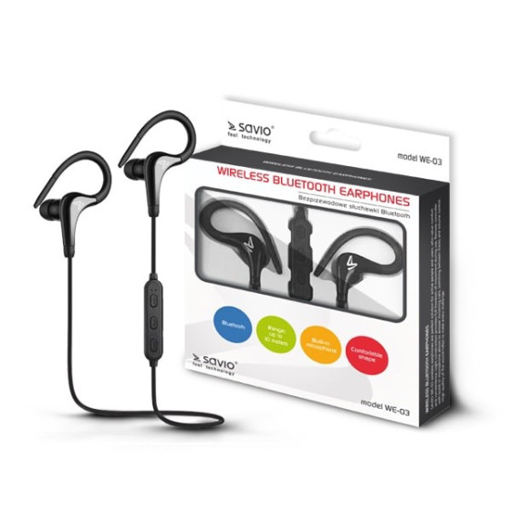 Słuchawki bezprzewodowe, z mikrofonem, ze słuchawkami SAVIO WE-03 (dokanałowe, sportowe  bezprzewodowe, Bluetooth  z wbudowanym 