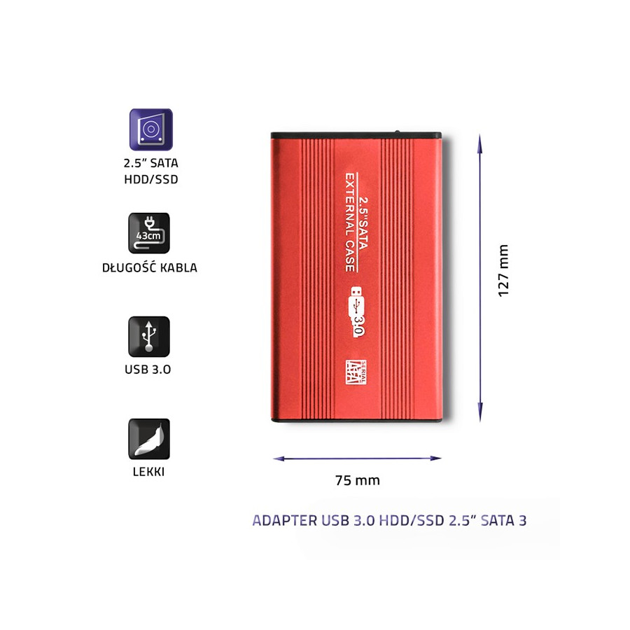 QOLTEC OBUDOWA NA DYSK HDD/SSD 2.5" SATA3 | USB3.0 | CZERWONY